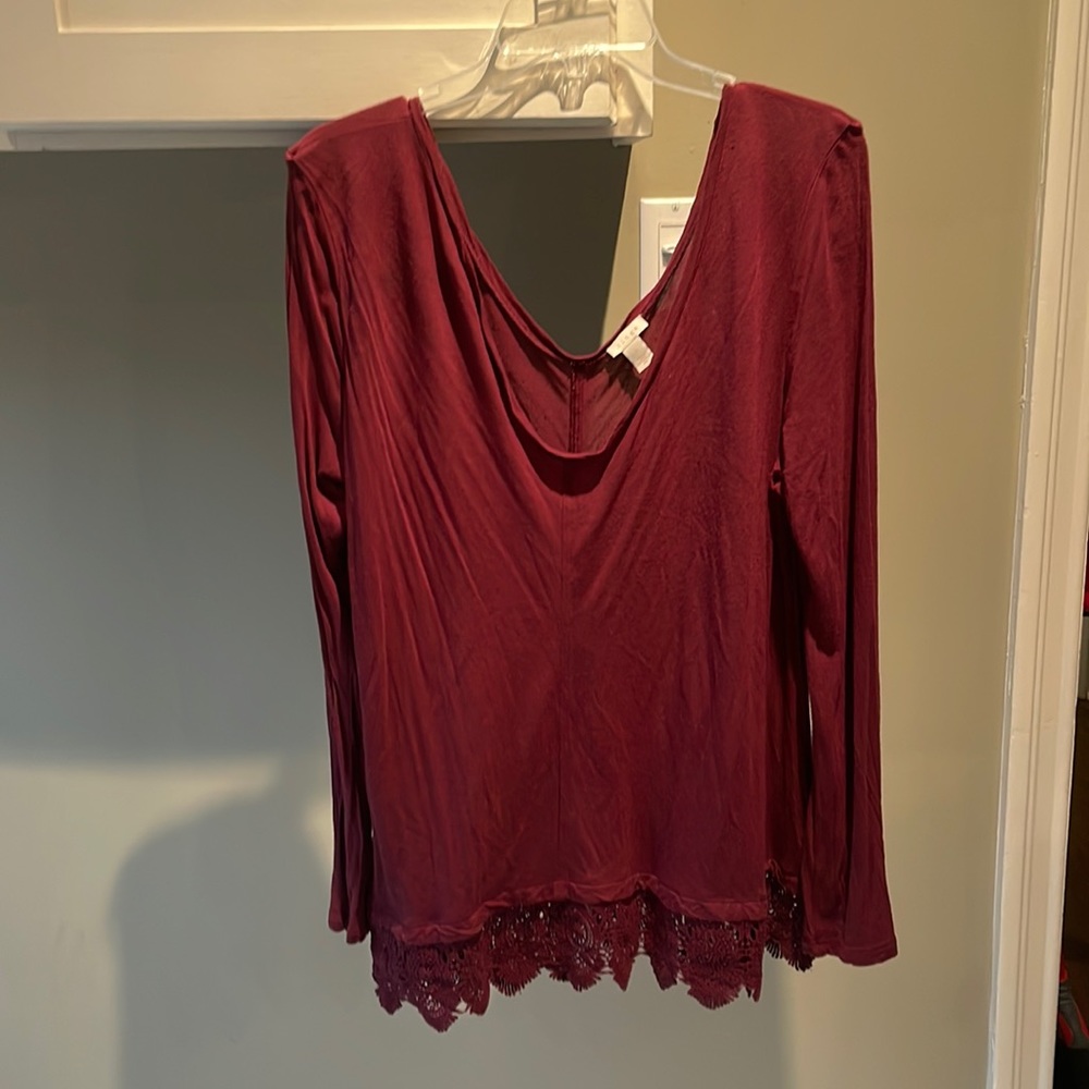 Hinge Oversized Burgendy Red Long Sleeve T Shirt With Embroidery Details